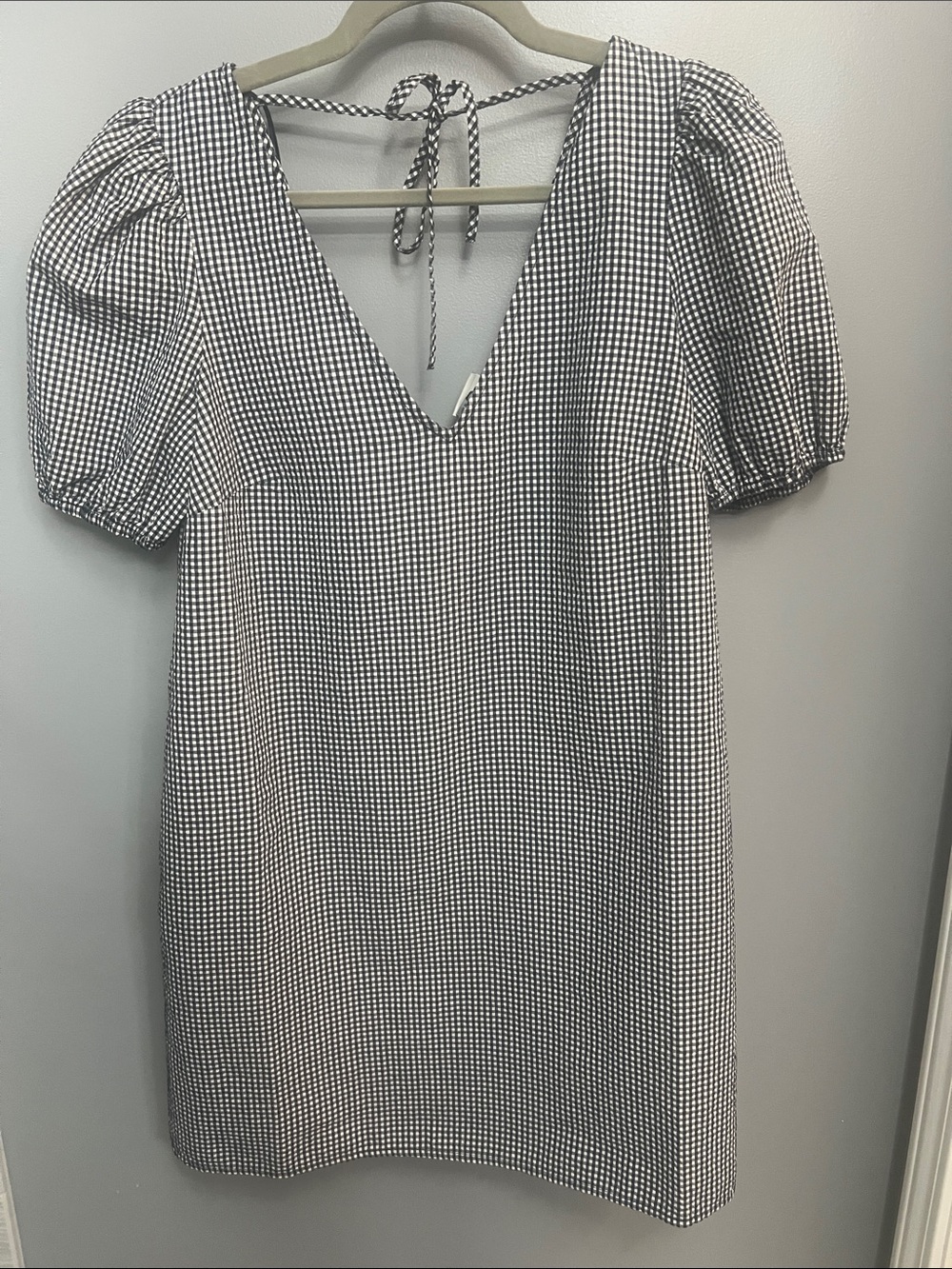a new day Black & White Gingham V-Neck Puff Sleeve Mini Dress